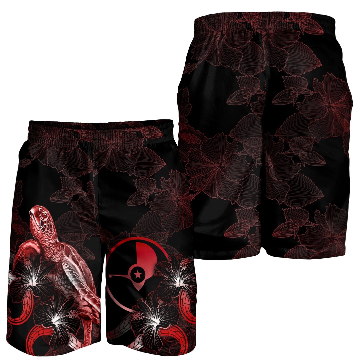 Yap Polynesian Herren Bermuda Shorts - Schildkröte mit blühendem Hibiskus Rot