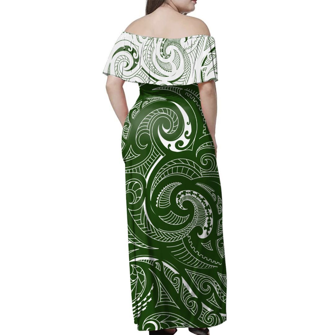 NE Maori-Kleid – Grünes, schulterfreies, langes Arawa-Kleid