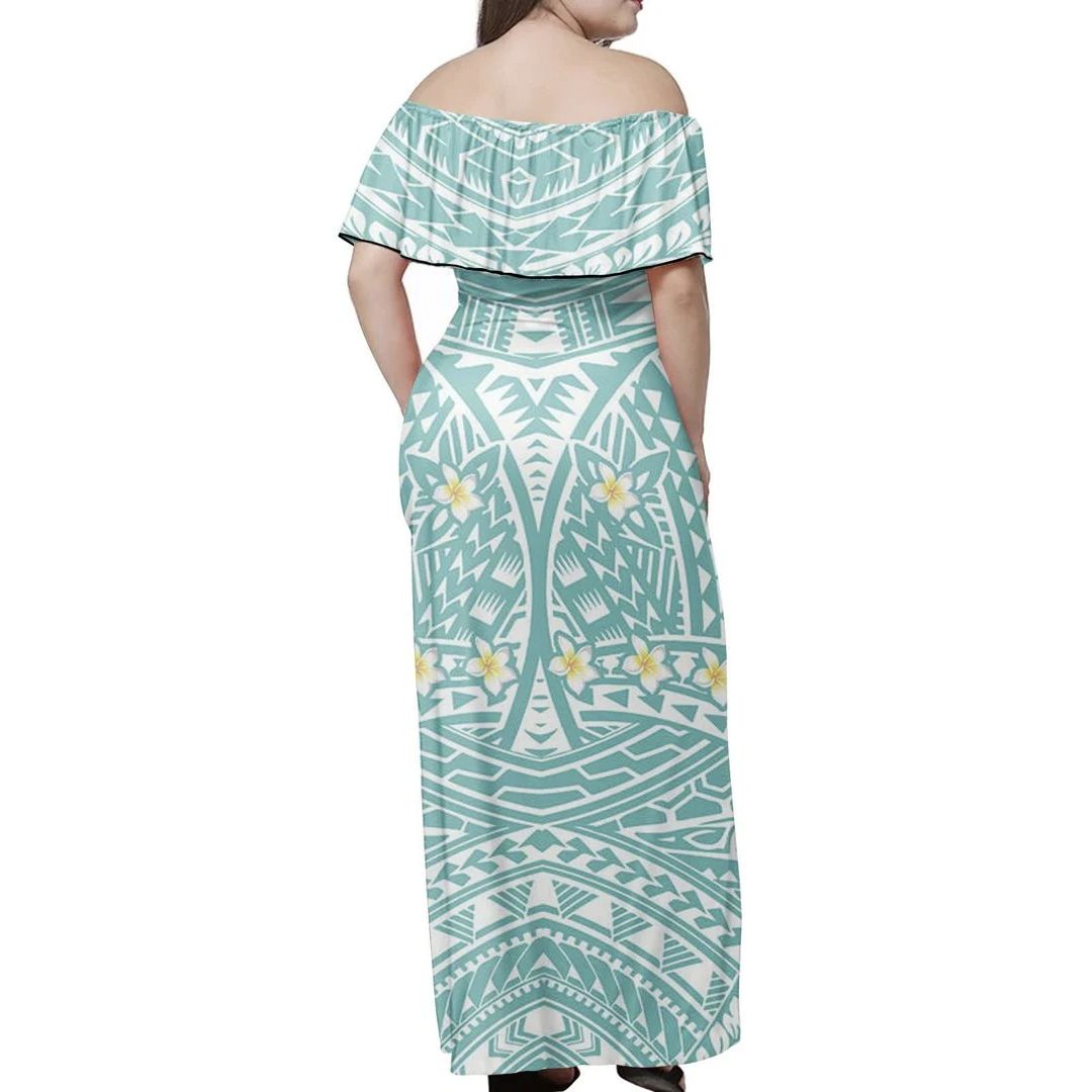 Polynesian Pride Dress - Polynesianisches schulterfreies langes Kleid mit kleinen Plumeria-Motiven