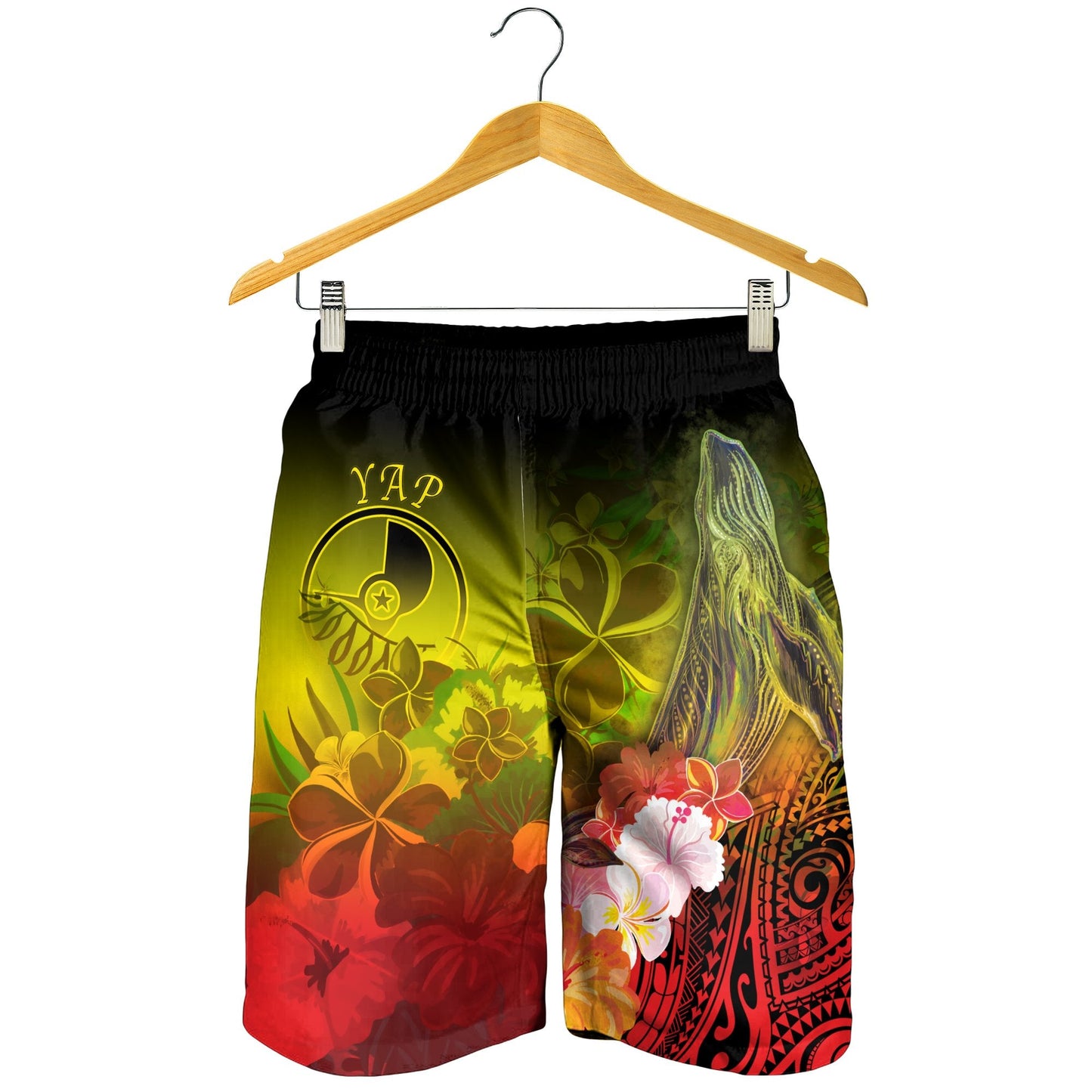 Yap Herren Bermuda Shorts - Buckelwal mit tropischen Blumen (Gelb)