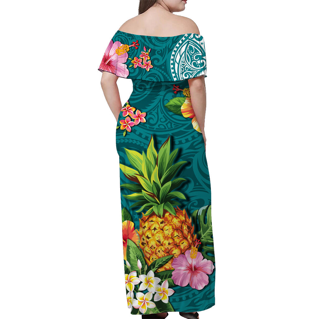 Hawaii schulterfreies langes Kleid Aqua Polynesia Ananas LT13