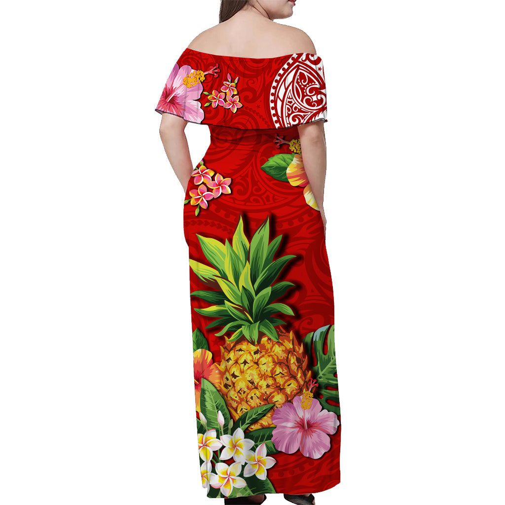 Hawaii schulterfreies langes Kleid Rot Polynesia Pineapple LT13