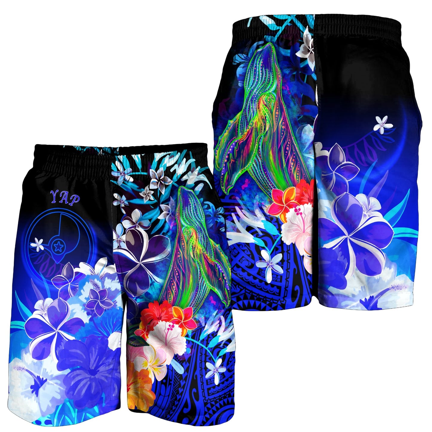 Yap Herren Bermuda Shorts - Buckelwal mit tropischen Blumen (Blau)