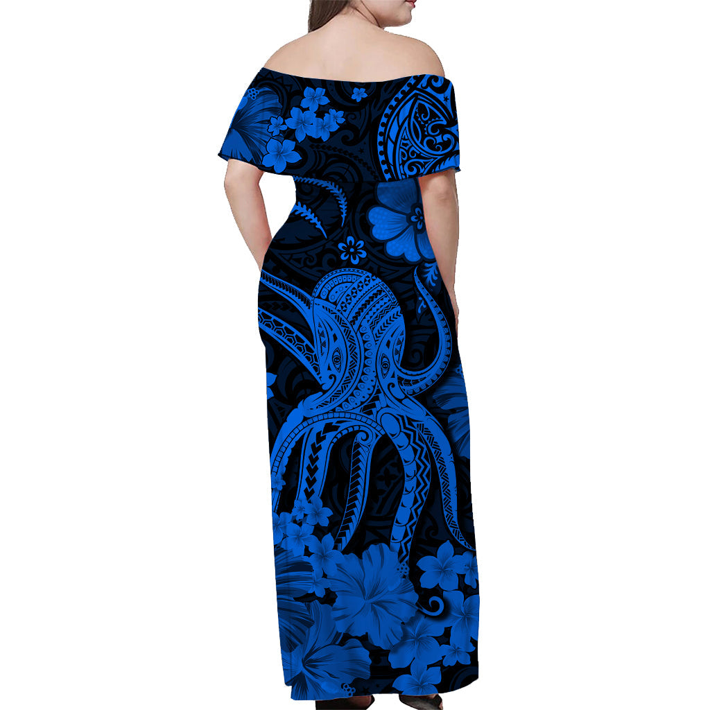 Hawaii schulterfreies langes Kleid Polynesia Blue Octopus LT13