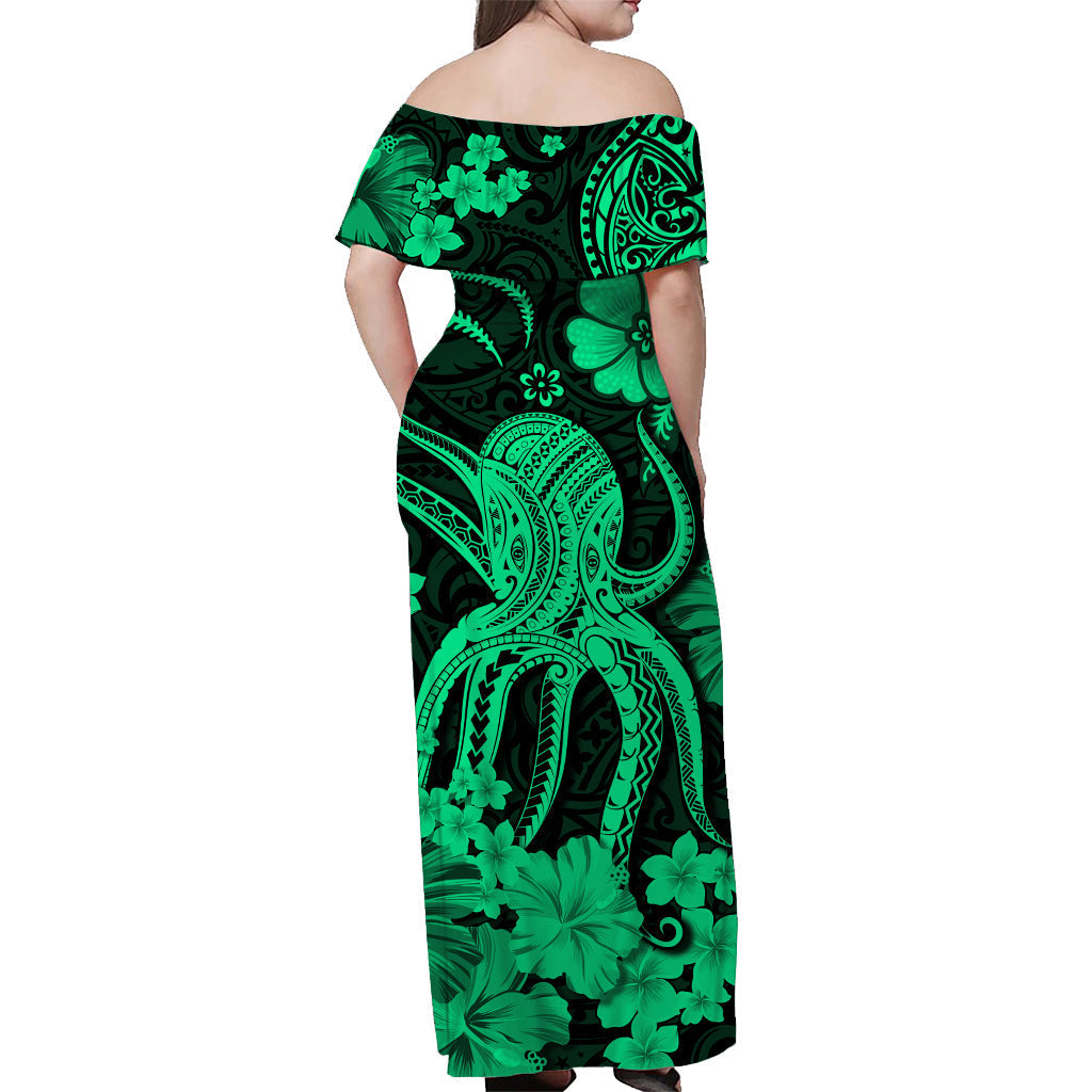 Hawaii schulterfreies langes Kleid Polynesia Grün Octopus LT13