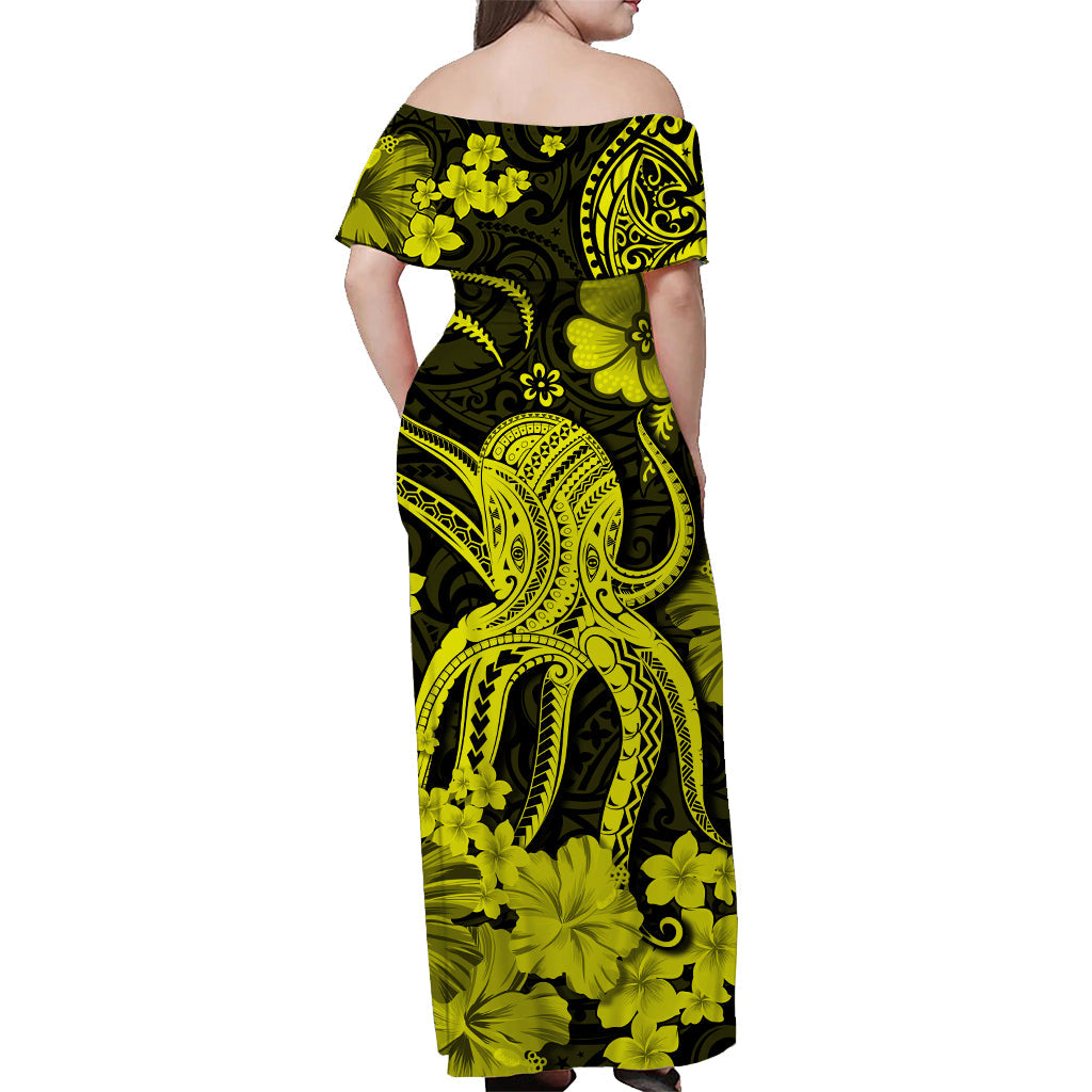 Hawaii schulterfreies langes Kleid Polynesien Gelb Oktopus LT13