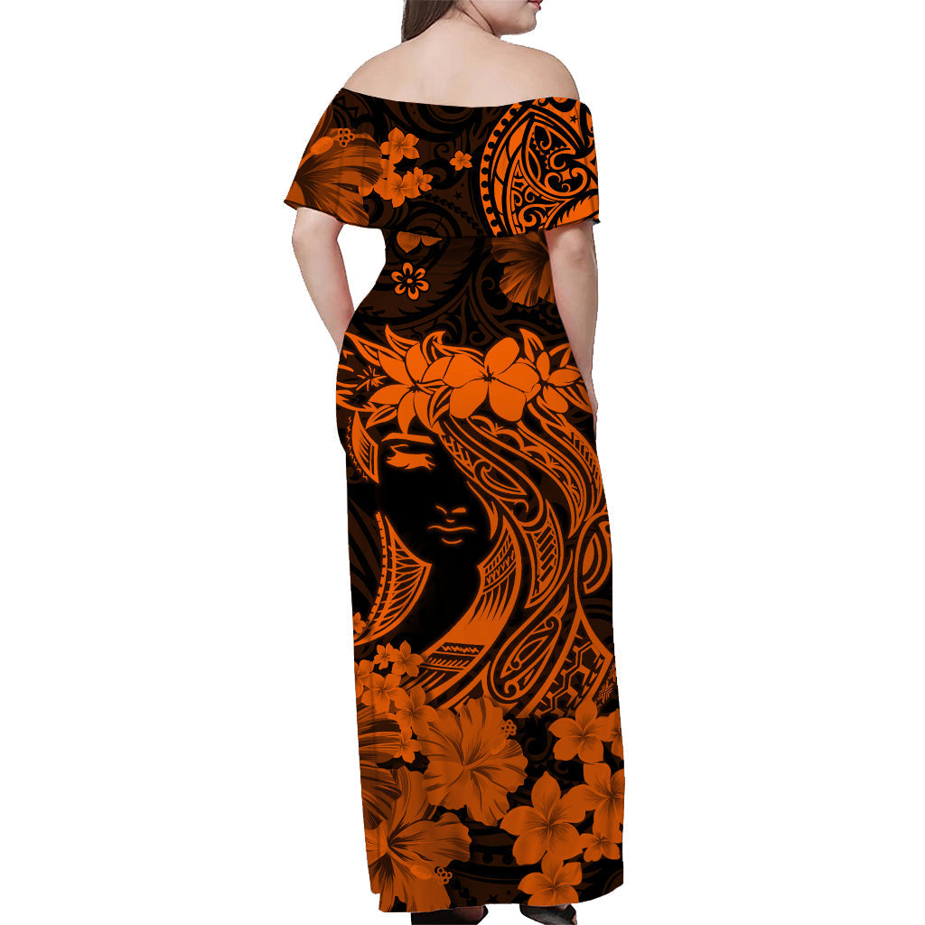 Hawaii schulterfreies langes Kleid Polynesien Orange Attraktives Hula-Mädchen LT13