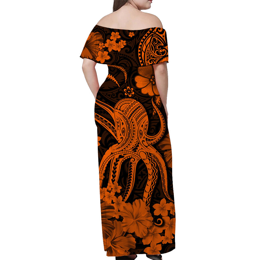 Hawaii schulterfreies langes Kleid Polynesia Orange Octopus LT13