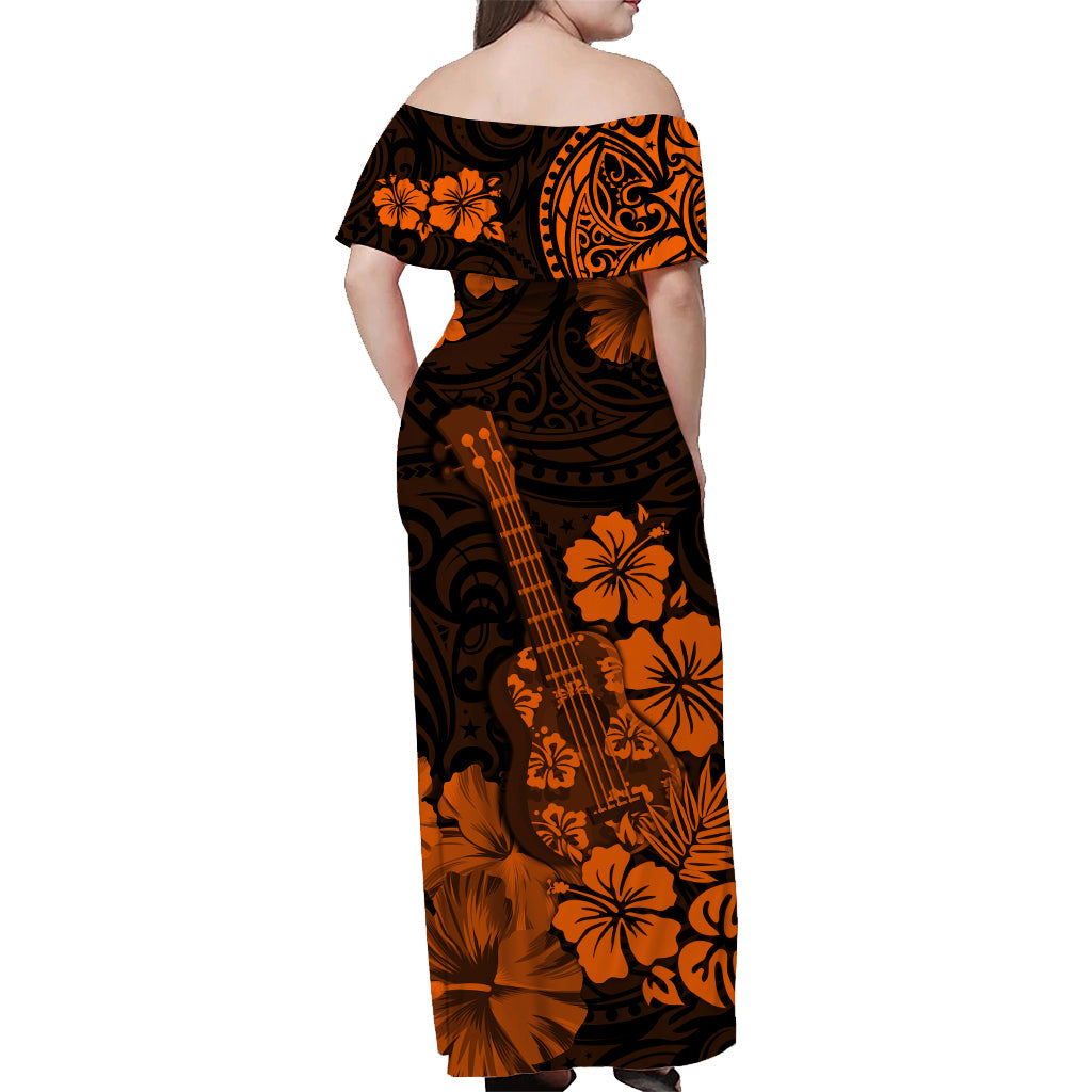Hawaii schulterfreies langes Kleid Polynesien Orange Ukulele Blumen LT13