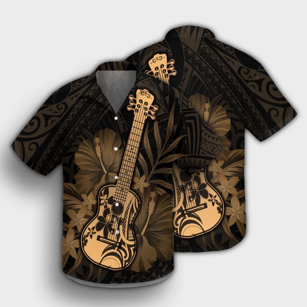 Hawaiianisch - Hawaii-Hemd mit Ukulele-Blume - Gold - AH