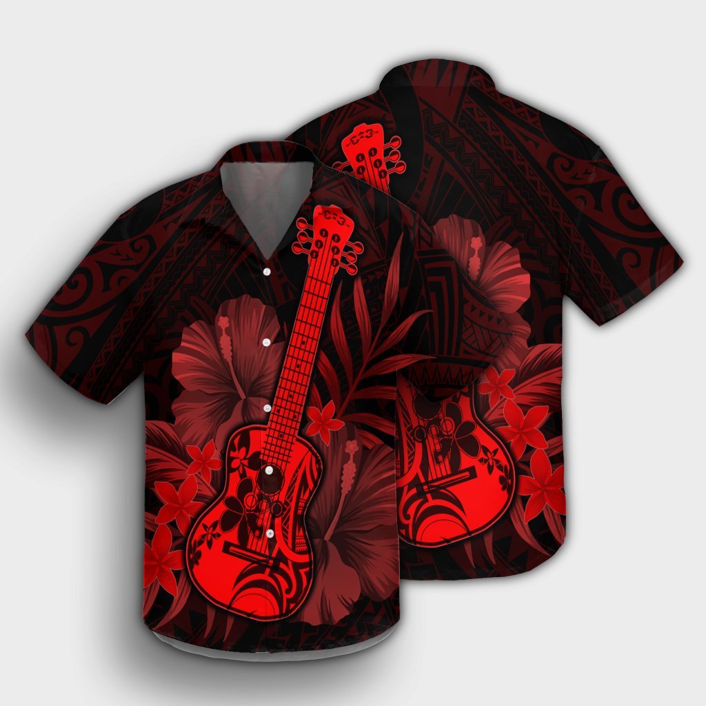 Hawaiianisch - Hawaii-Hemd mit Ukulele-Blume - Rot - AH