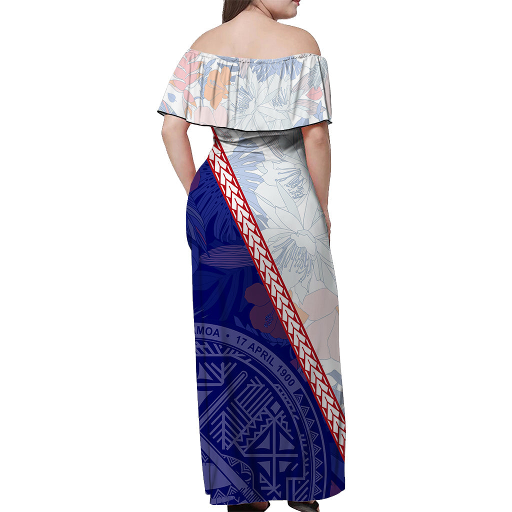 Amerikanisch-Samoa Blumenmuster Schulterfreies langes Kleid Amerikanische Samoa Flagge LT7