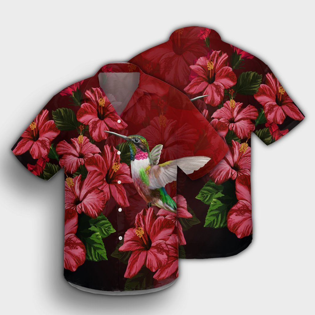 Hawaiian Shirt mit rotem Hibiskus und Kolibri - AH