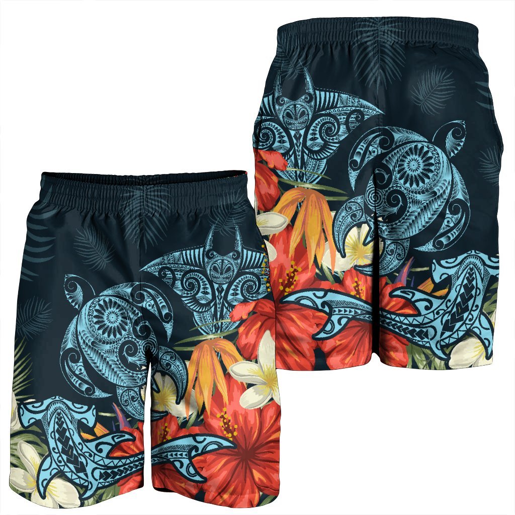 Hawaii Schildkröte Hai Manta Rochen Hibiskus Plumeria Herren Bermudas Shorts - AH