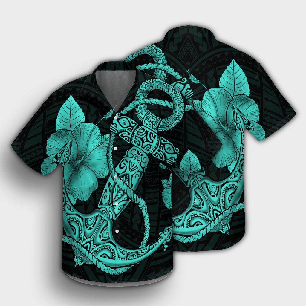 Hawaiian Anchor Poly Tribal Hibiscus Polynesianisches Hawaiihemd Türkis - AH