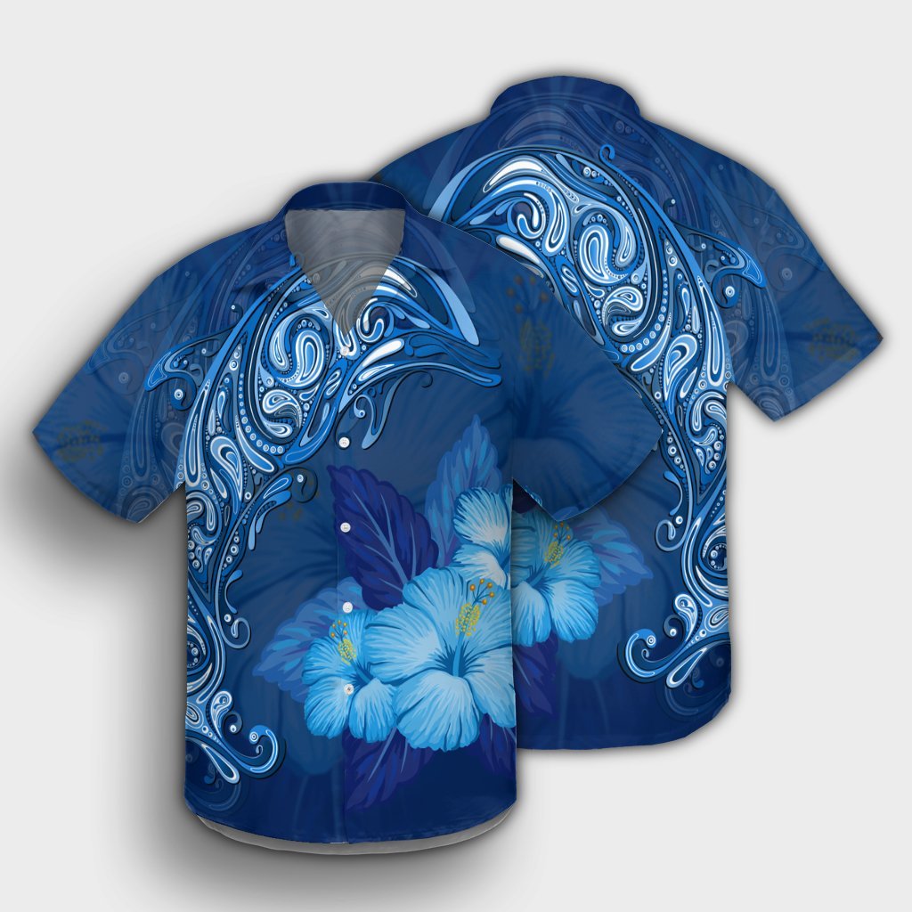 Hawaiianischer Delfin Hibiskus Tropic Blue Polynesianisches Hawaiihemd - AH