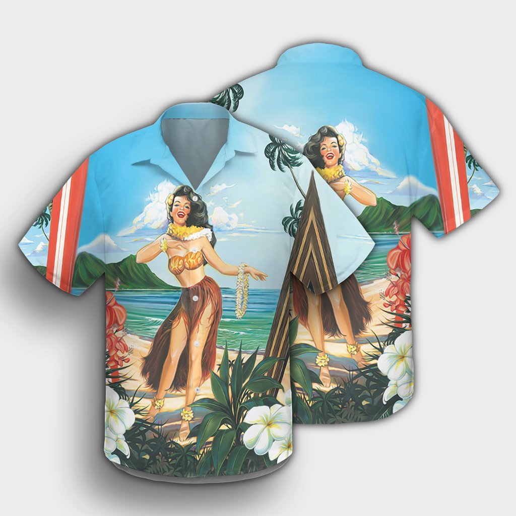 Hawaiian Hibiscus Aloha Hula Mädchen Tanz am Strand Hawaiihemd - AH