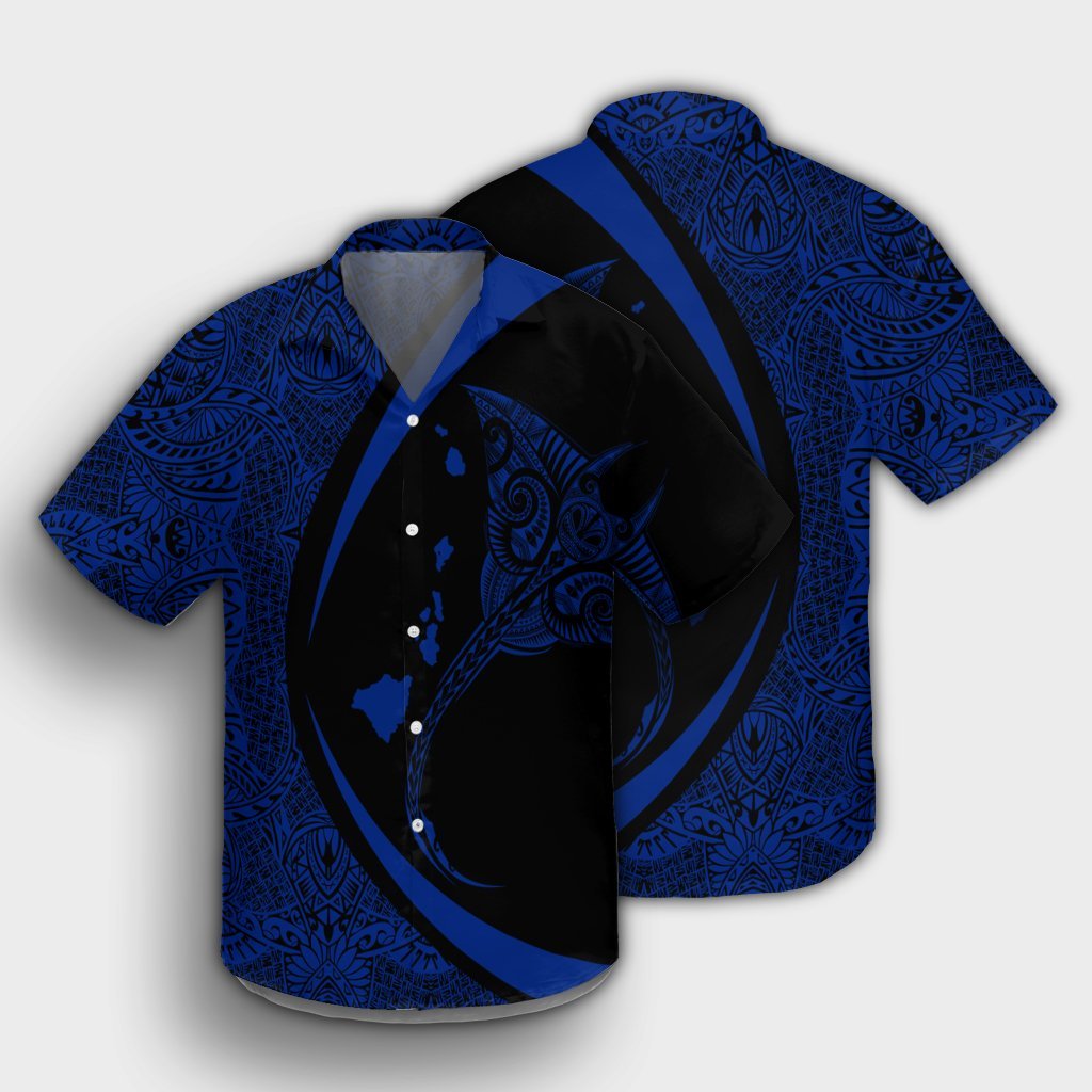 Hawaiianische Karte Manta Ray Blau Polynesisches Hawaiihemd - AH