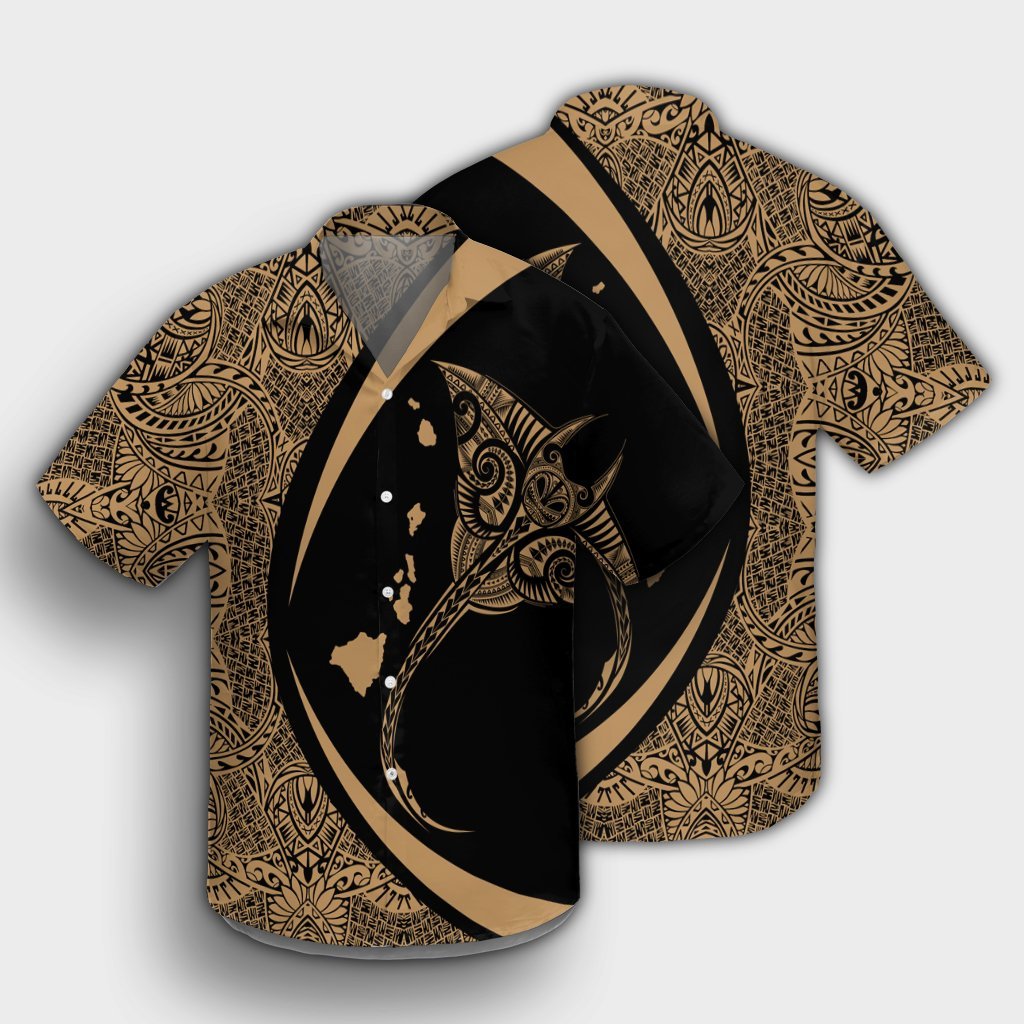 Hawaiianische Karte Manta Ray Polynesisches Hawaiihemd - Gold - AH