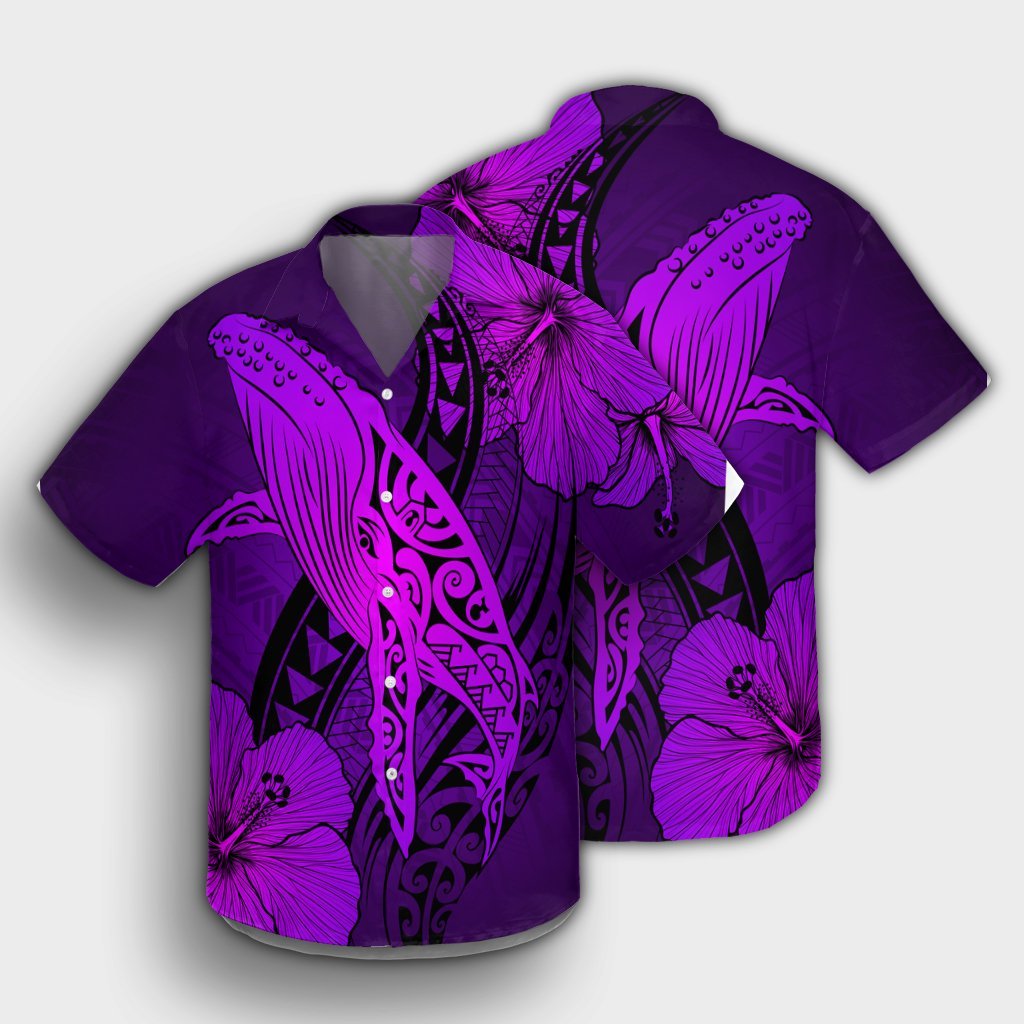 Hawaiian Map Whale Swim Hibiscus Polynesian Hawaiian Shirt - Lila - AH