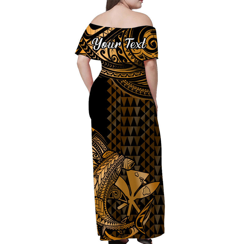 Hawaii Hammerhai Schulterfreies Langes Kleid Polynesischer Kakau Mit Kanaka Gold LT14