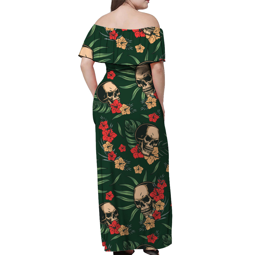 Hawaii schulterfreies langes Kleid mit grünen Totenköpfen und Monstera-Blättern LT13