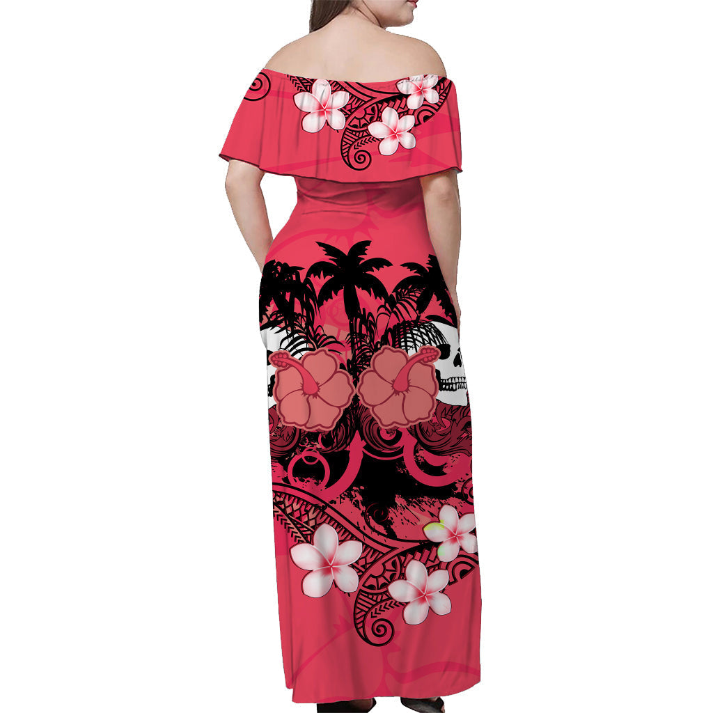 Hawaii Totenkopf Schulterfreies Langes Kleid Mysteriöses Polynesien und Rosa Blumen LT13