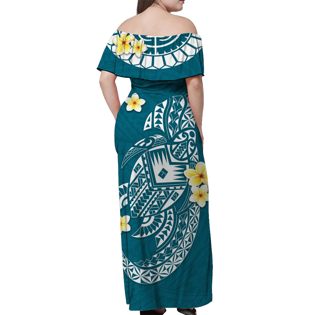 Cook Islands Tatau Schulterfreies langes Kleid symbolisiert Leidenschaft Sterne polynesische Schildkröte blau LT13