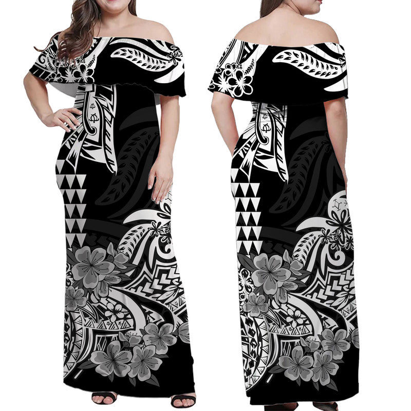 Hawaii Kakau Off Shoulder Langes Kleid Polynesian Floral Tribal Schwarze Version LT9