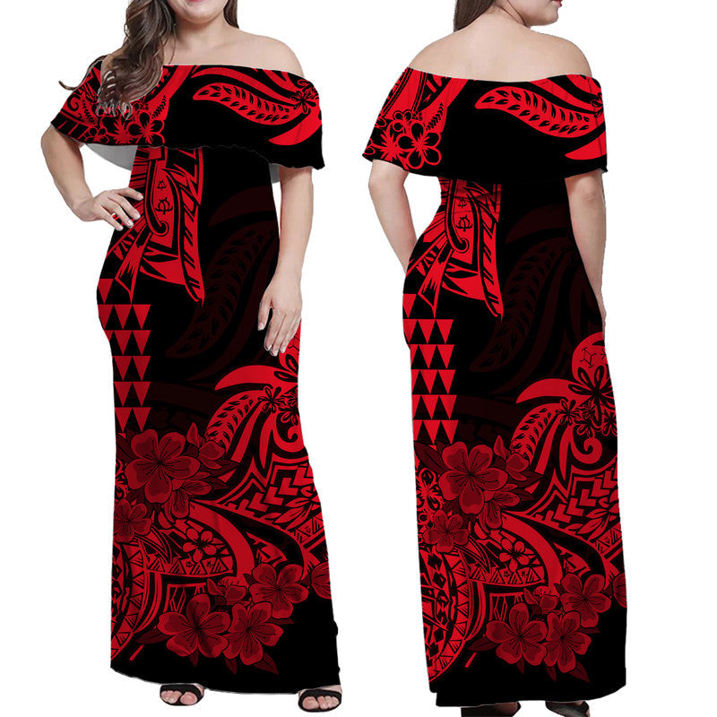 Hawaii Kakau Off Shoulder Langes Kleid Polynesian Floral Tribal Rot Version LT9