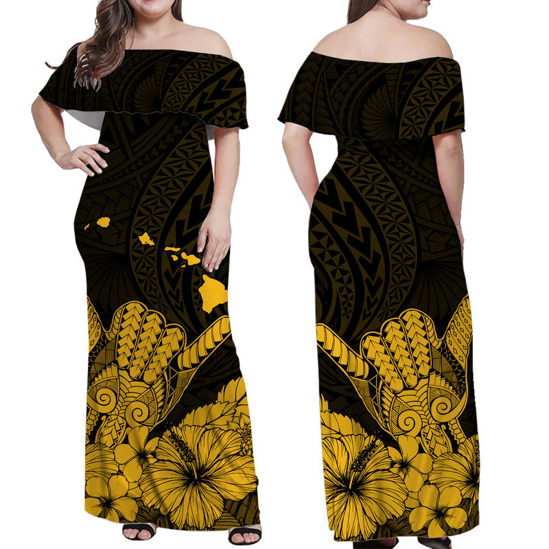 Hawaii Shaka Zeichen Off Schulter Langes Kleid Gold Version LT9
