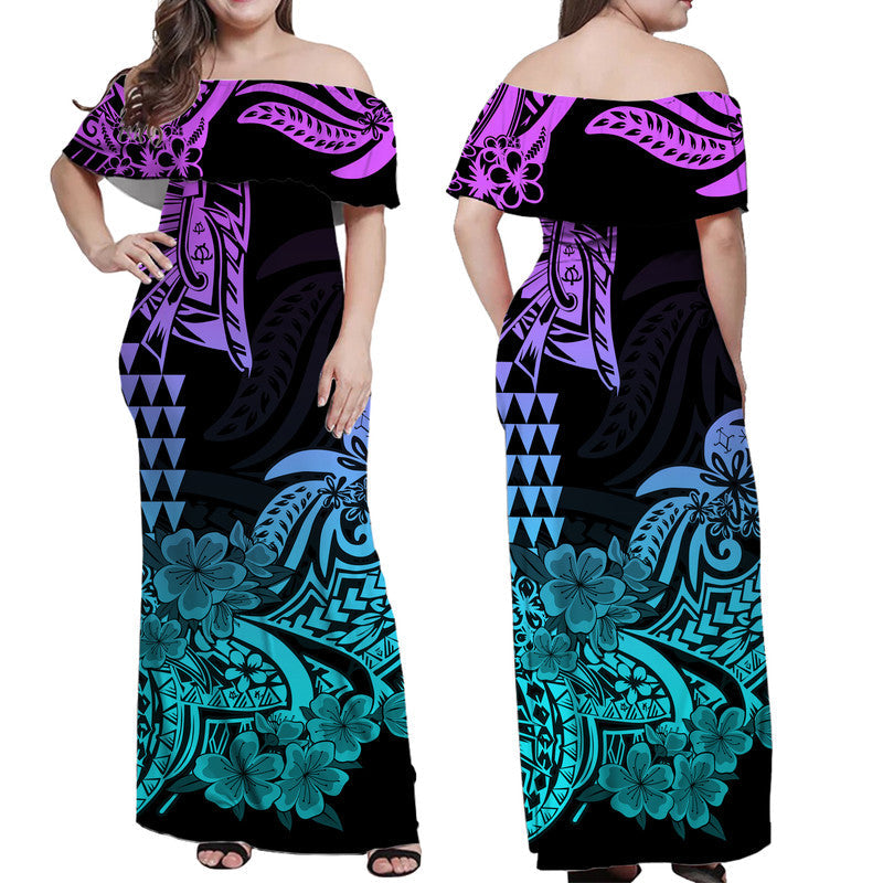 Hawaii Kakau Off Shoulder Langes Kleid Polynesian Floral Tribal Heliotrop Version LT9