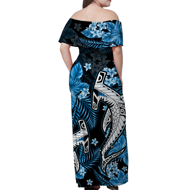 Hawaii Sommer Bunte Off Schulter Langes Kleid Shark Hellblau LT6