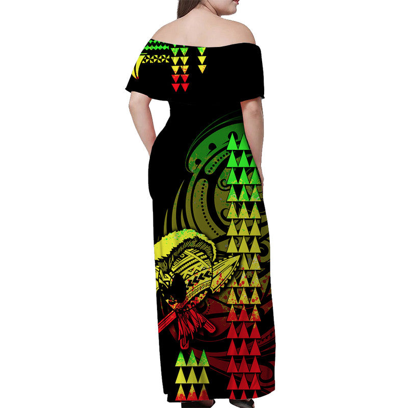 Hawaii Polynesian Warrior Kakau Schulterfreies langes Kleid-Regenbogen LT6