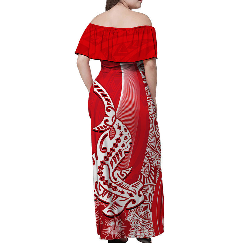 Hawaiian Shark Polynesian Off Shoulder Langes Kleid Vibe Red Style LT6