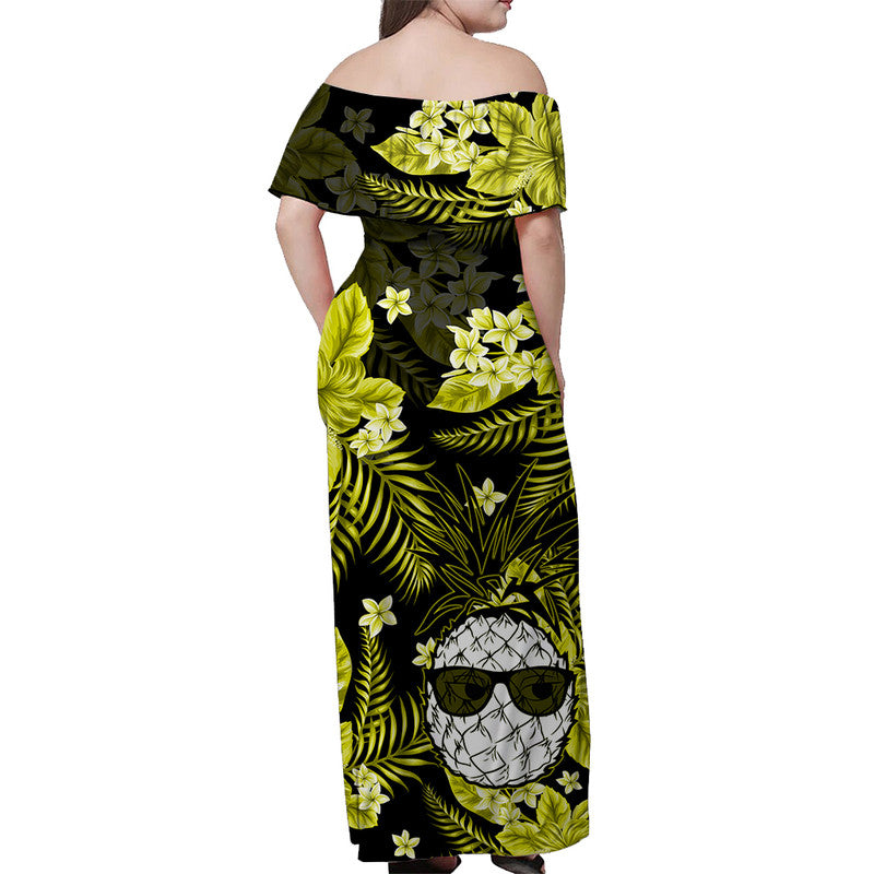 Hawaii Sommer Bunte Off Schulter Langes Kleid Ananas Gelb LT6