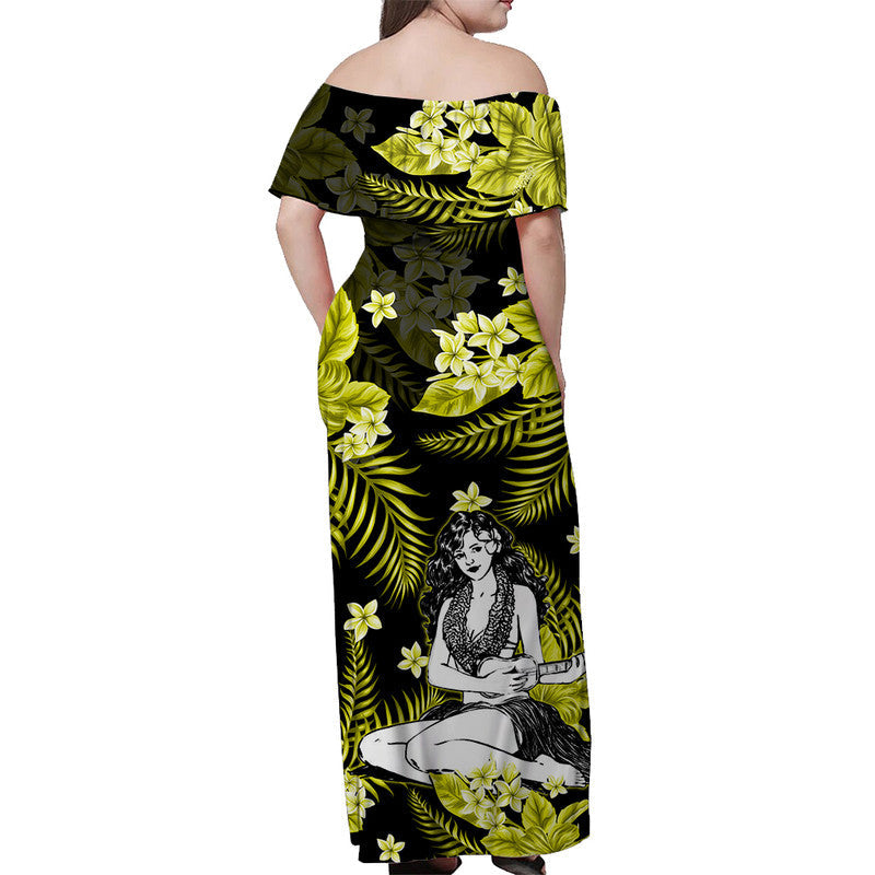 Hawaii Sommer Buntes Schulterfreies Langes Kleid Hula Mädchen Gelb LT6