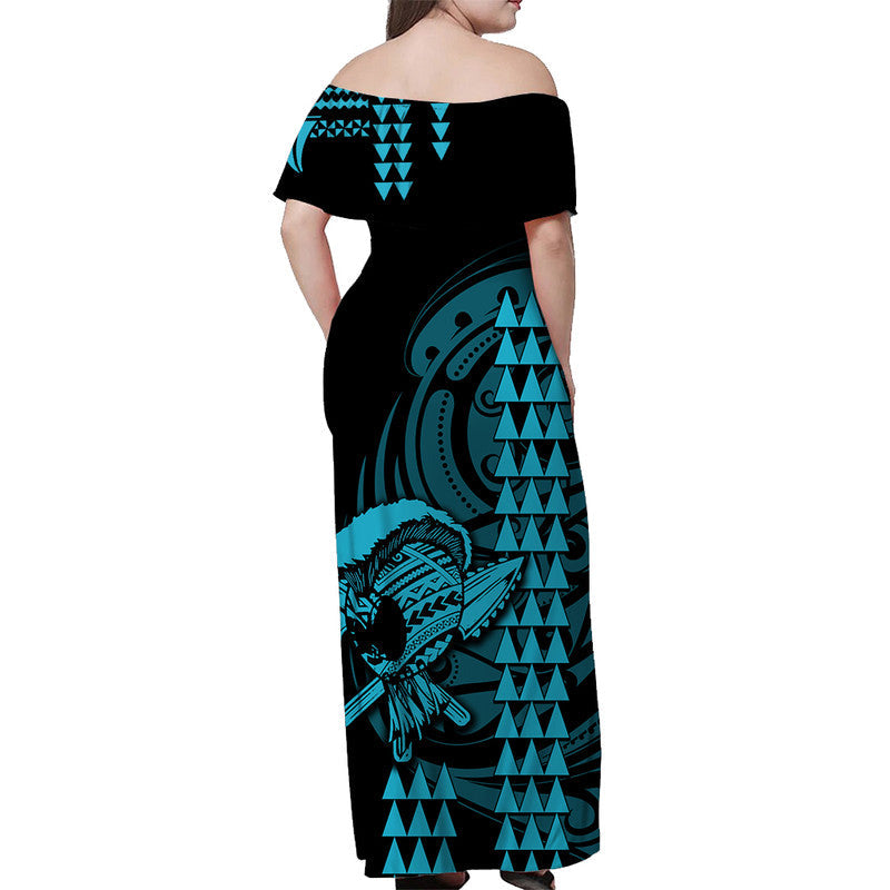 Hawaii Polynesian Warrior Kakau Off Shoulder Langes Kleid-Blau LT6
