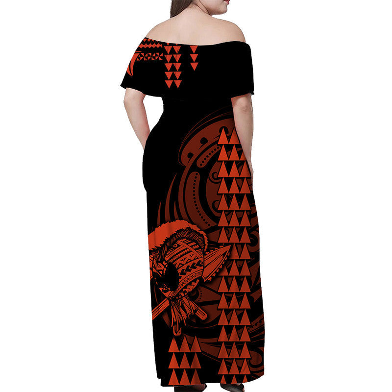 Hawaii Polynesian Warrior Kakau Schulterfreies langes Kleid-Orange LT6