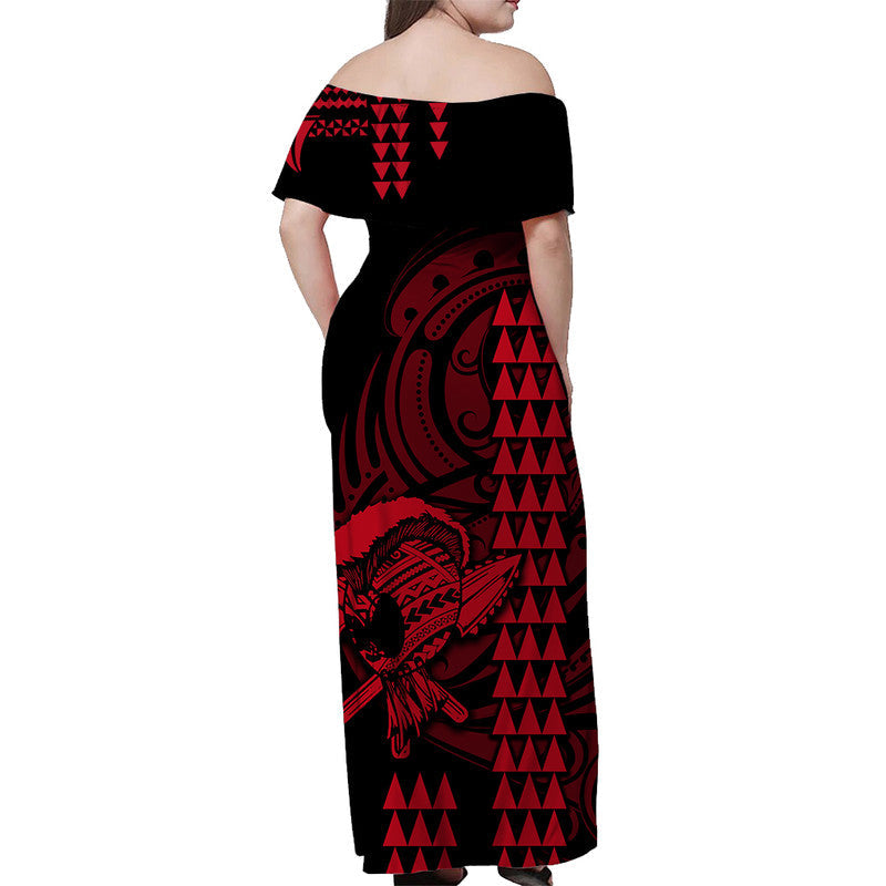 Hawaii Polynesian Warrior Kakau Off Shoulder Langes Kleid-Rot LT6
