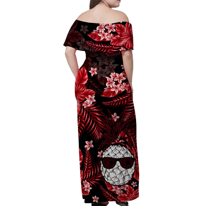 Hawaii Sommer Bunte Off Schulter Langes Kleid Ananas Rot LT6