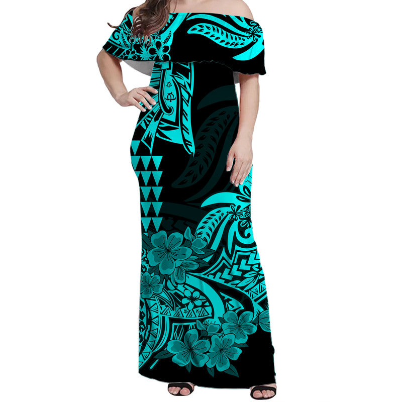 Hawaii Kakau Off Shoulder Langes Kleid Polynesian Floral Tribal Aqua Version LT9