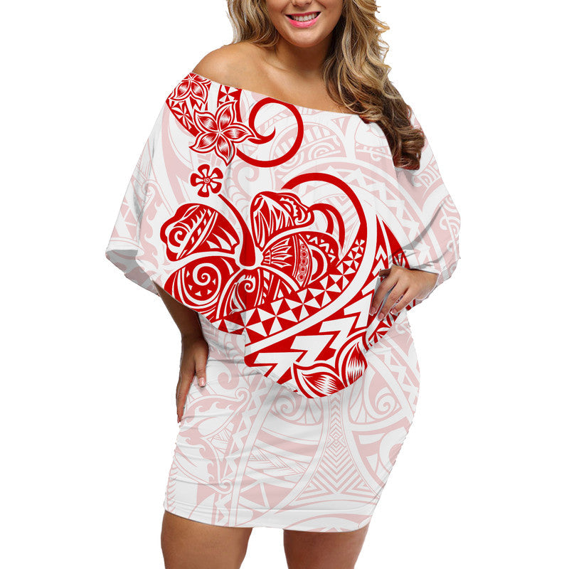 Polynesianisches Tribal Tattoo Retro Off Shoulder Kurzes Kleider Blumen Rot Bildschirmfarbe LT9