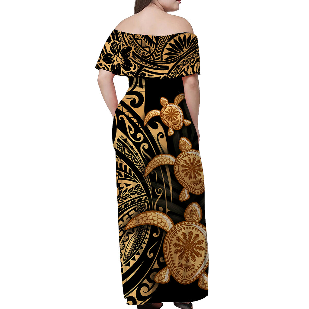 Polynesisches Schildkröten-Schulterfreies langes Kleid Honu Family Gold LT4