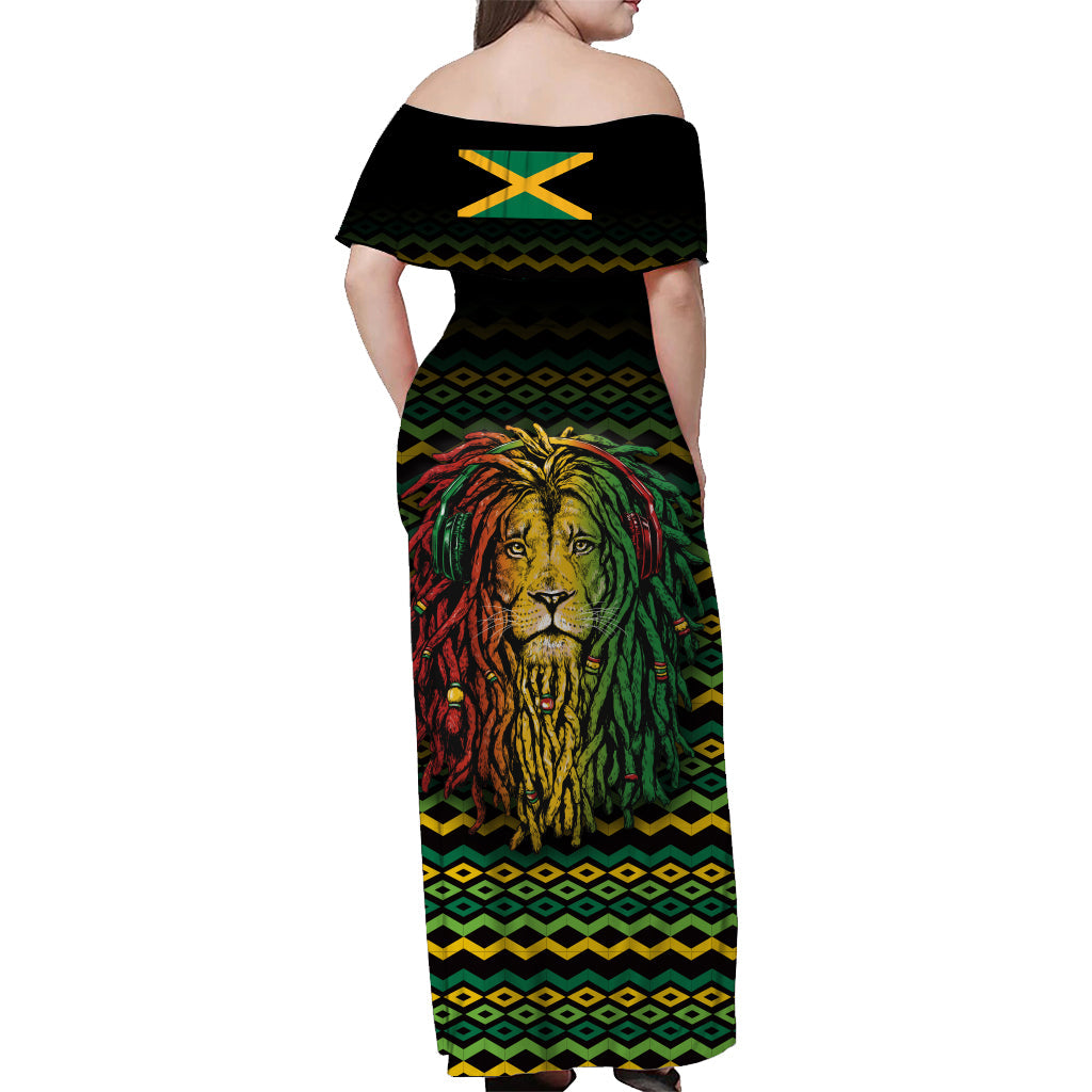 Jamaika schulterfreies langes Kleid Einzigartiger Rastafari-Löwe - Flag Vibes LT8