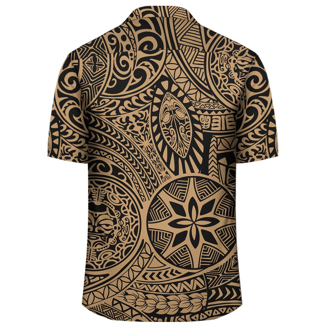 Goldenes Hawaiihemd im polynesischen Hawaii-Stil mit Stammes-Tattoo