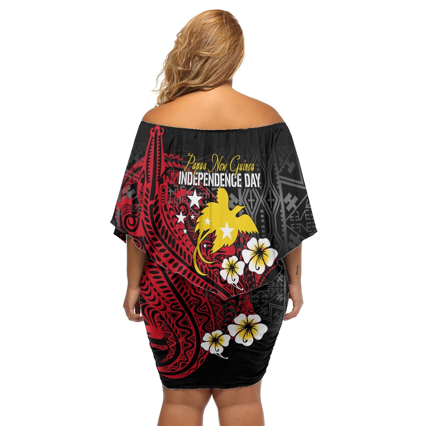 Papua-Neuguinea Unabhängigkeit Off Shoulder Kurzes Kleider Blumen PNG Kumuls - Tribal Crocodile LT7