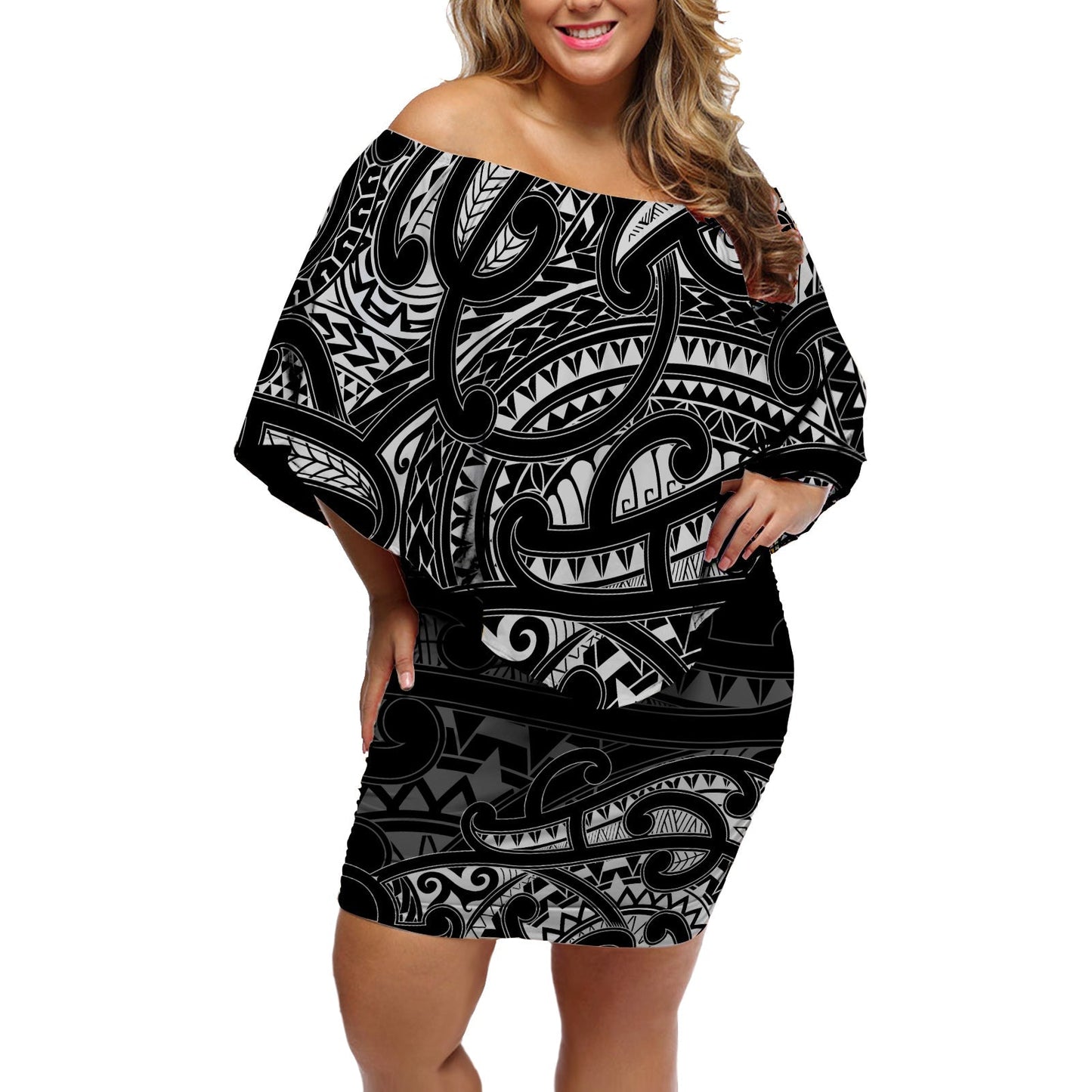 Maori Off Shoulder Short Dress Moko Curve Simple Style LT7 Women Black - Polynesian Pride