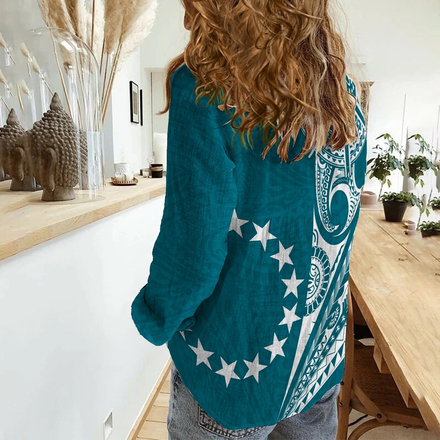 Cook Islands Tatau Damen Freizeithemd Symbolize Passion Stars Version Blau LT13