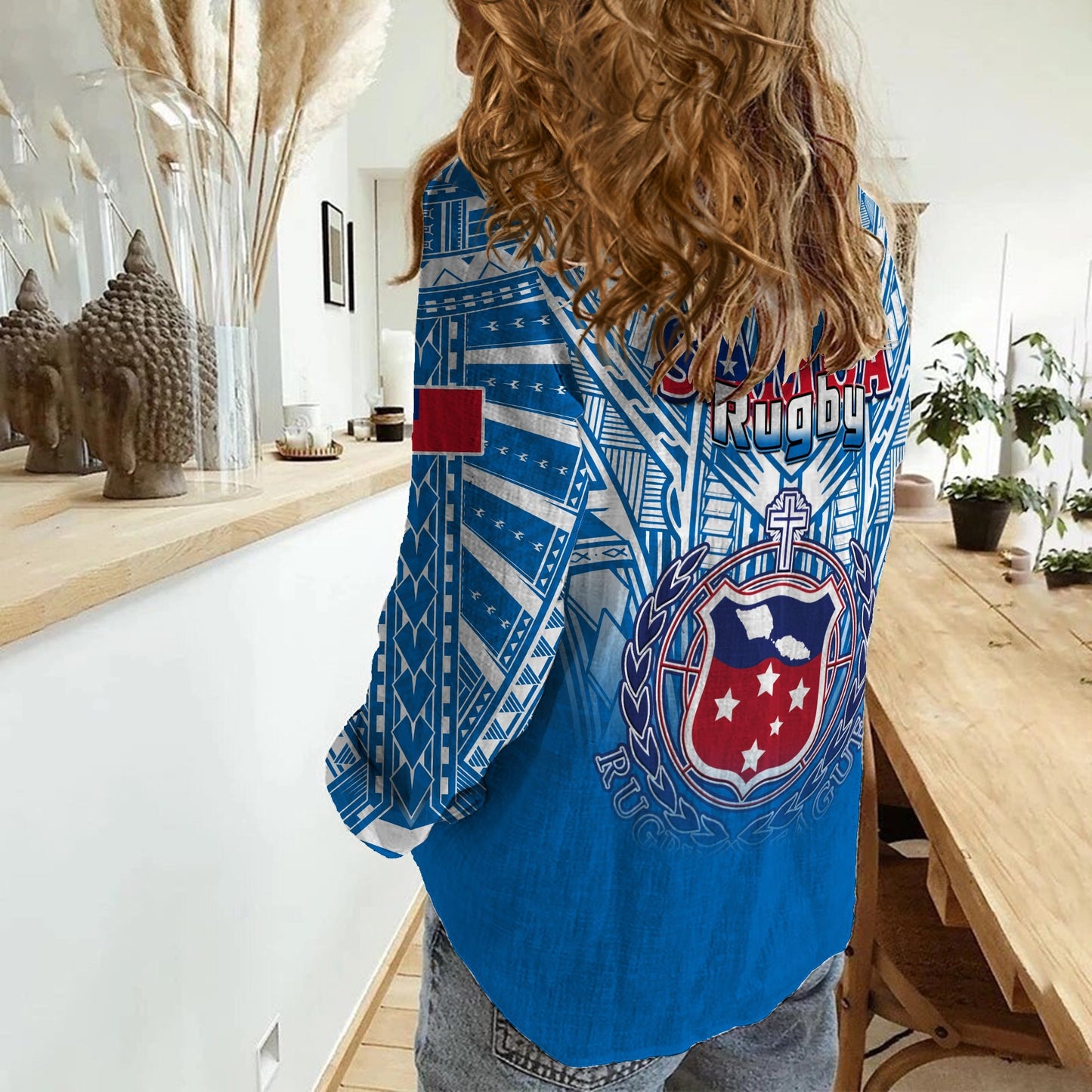 Samoa Rugby Damen Freizeithemd Toa Samoa Polynesian Pacific Blue Version LT14